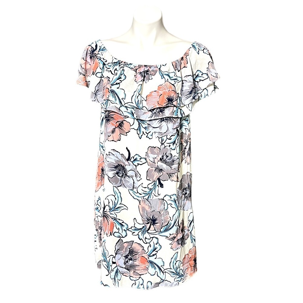 Everly Floral Off Shoulder Dress Size Large White/Blue